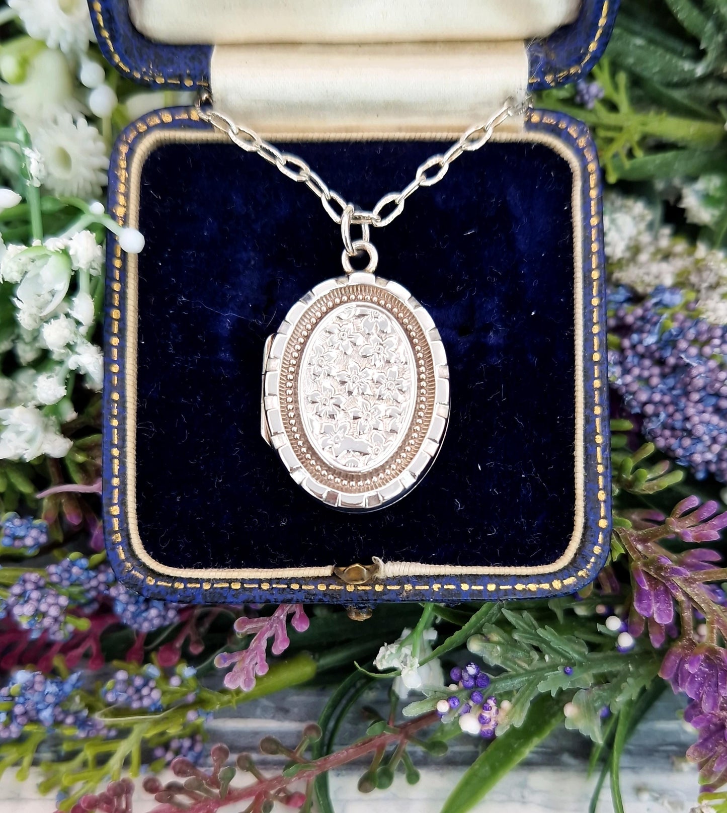 Antique 1892 Victorian Aesthetic Sterling Silver Oval Flower Engraved Locket Pendant Necklace