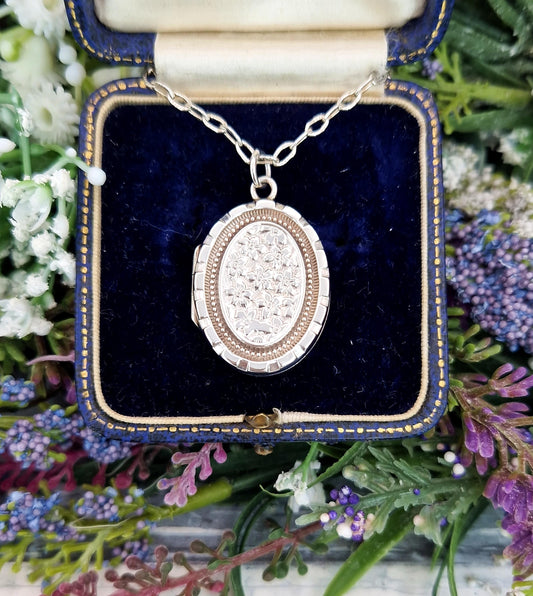 Antique 1892 Victorian Aesthetic Sterling Silver Oval Flower Engraved Locket Pendant Necklace