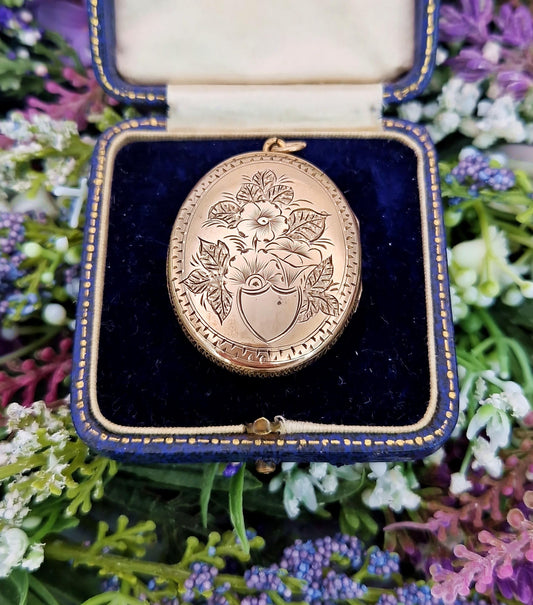 Antique Victorian Gold Tone Large Ornate Engraved Floral Oval Locket Pendant
