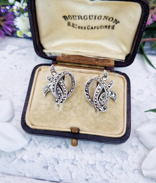 Vintage Art Deco Sterling Silver Ornate Flourished Marcasite Fan Stud Earrings