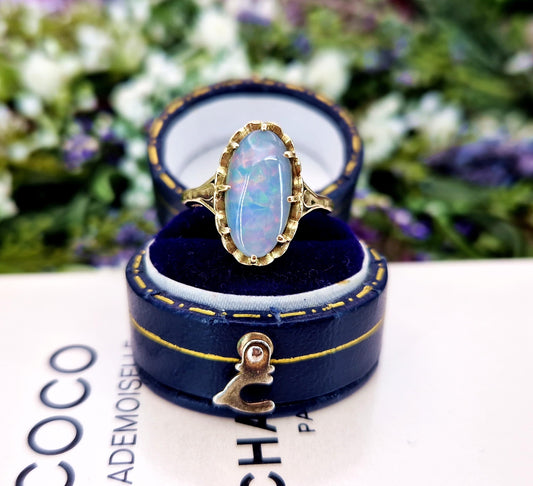 Vintage 9ct Yellow Gold Large Oval Opal Triplet Cabochon Solitaire Ring / Size M 1/2 or 6.75