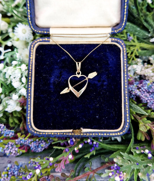 Vintage 9ct Yellow Gold Arrow Through Heart Pendant Necklace