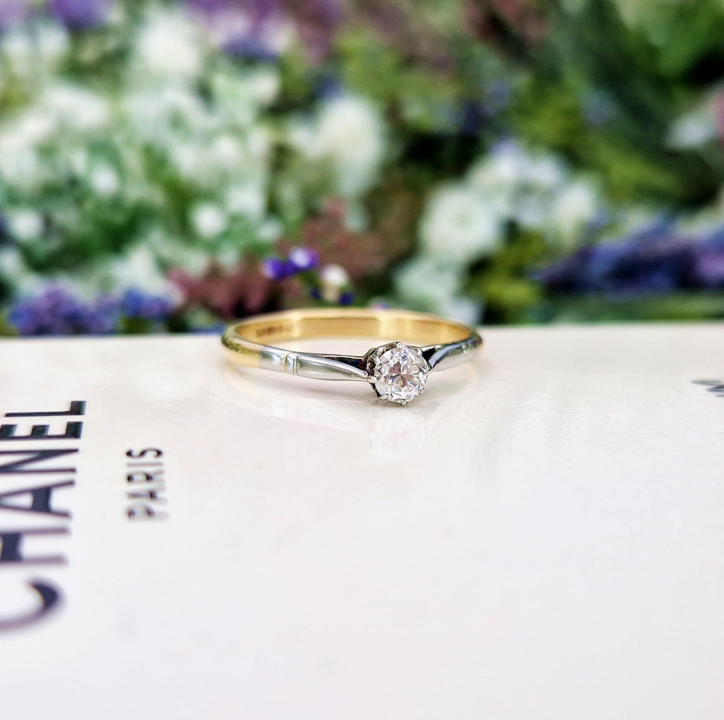 Antique Art Deco 9ct Gold & Platinum 0.22ct Old Mine Cut Diamond Solitaire Engagement Ring / Size N or 7