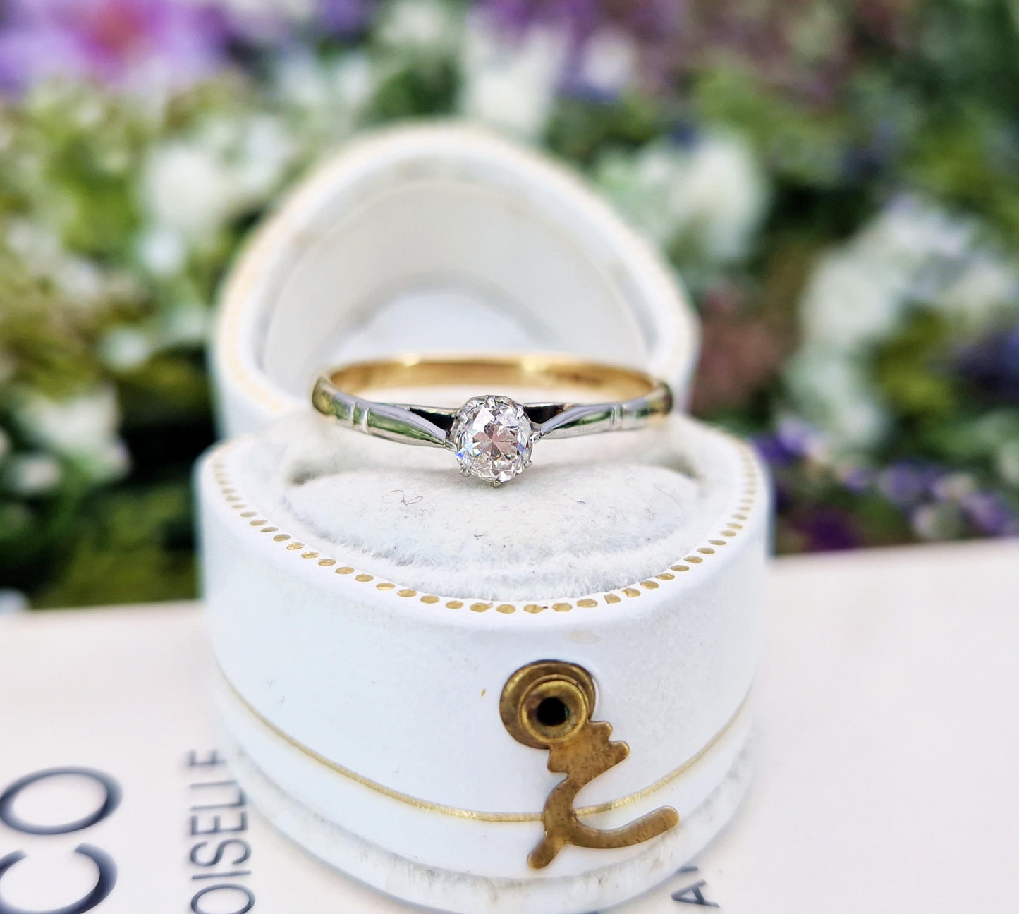 Antique Art Deco 9ct Gold & Platinum 0.22ct Old Mine Cut Diamond Solitaire Engagement Ring / Size N or 7