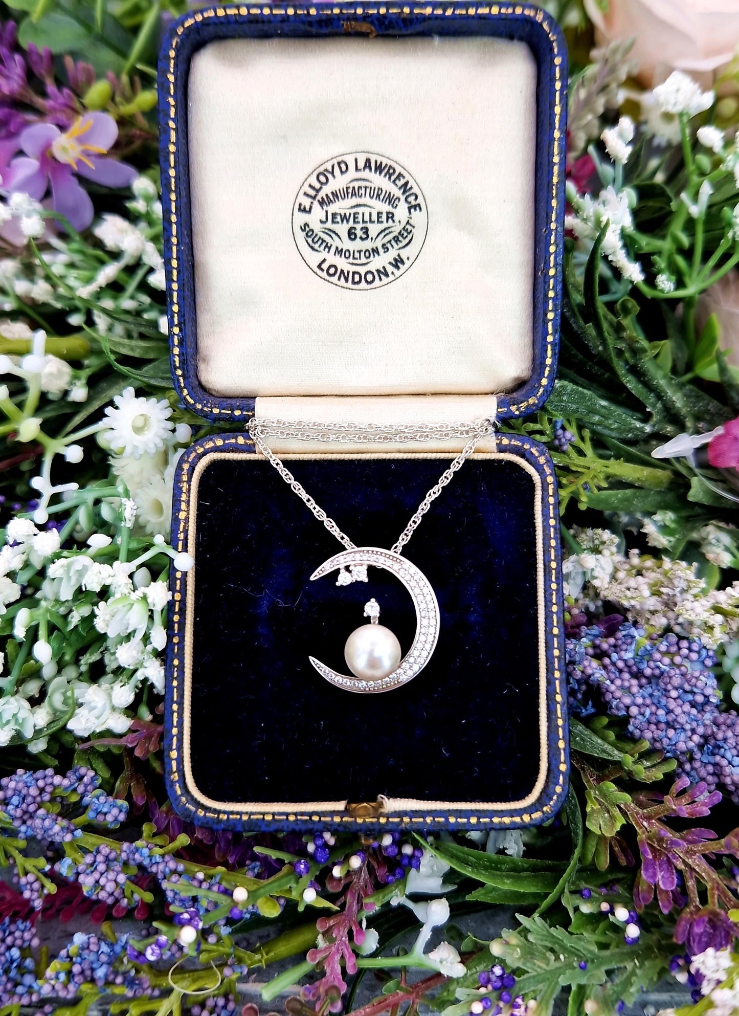 Vintage Sterling Silver Pearl and Crystal Crescent Moon Pendant Necklace