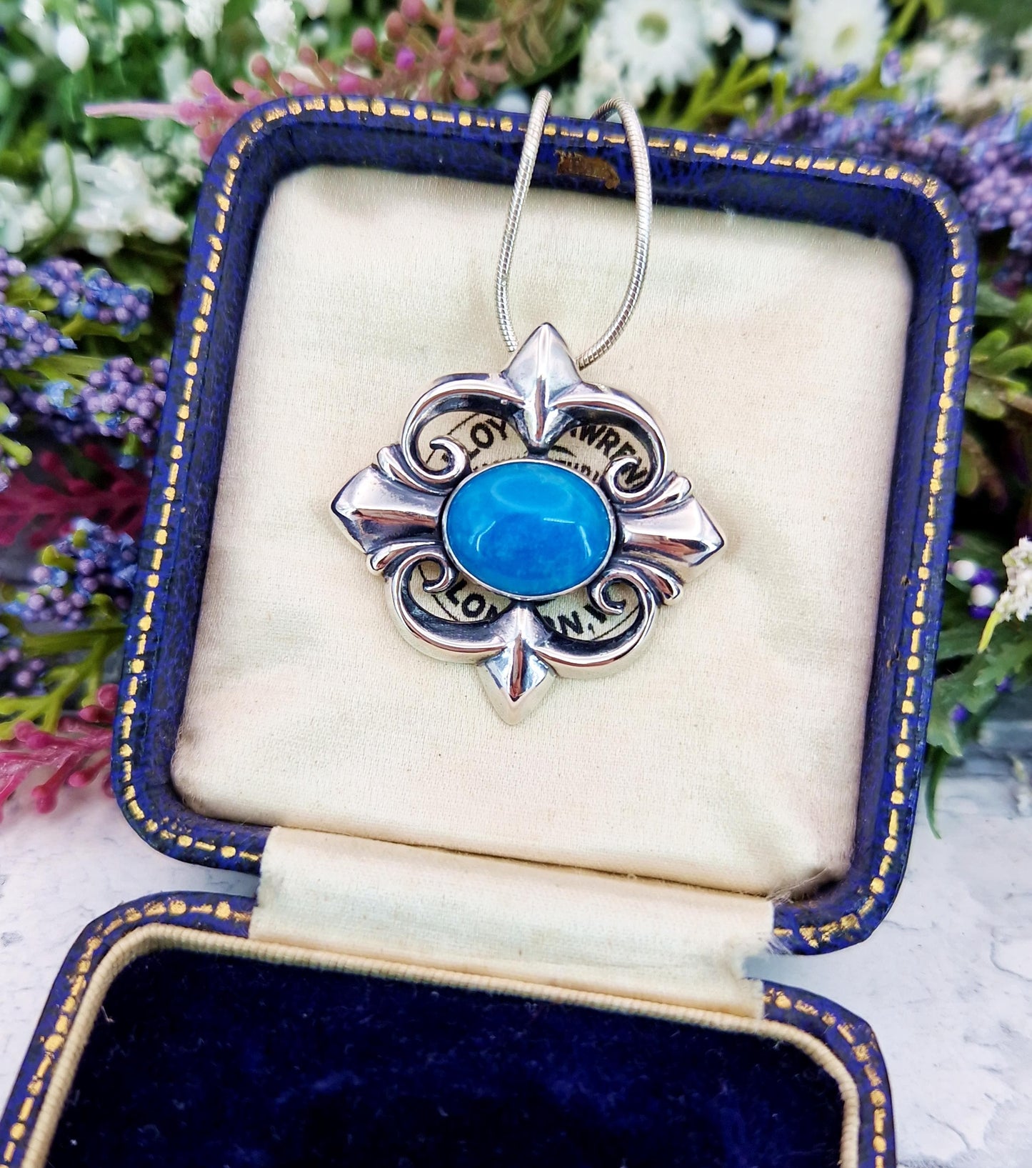 Vintage Sterling Silver Chunky Ornate Cross Pendant Necklace with Truquoise Cabochon