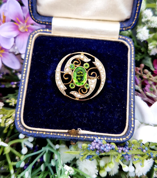Antique Art Nouveau 9ct Yellow Gold Green Glass and Pearl Ornate Brooch Pin