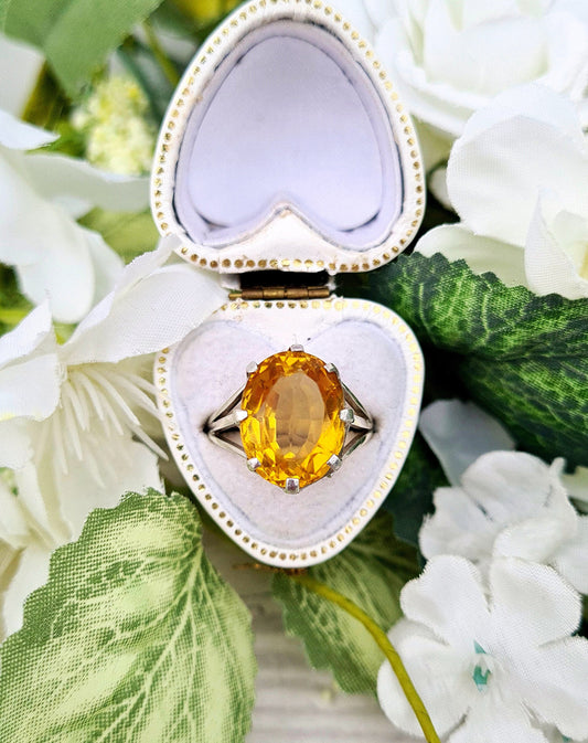 Vintage Sterling Silver Large Statement Oval Sunshine Yellow Citrine Ring / Size M 1/2 or 6.75