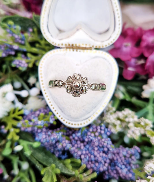 Vintage Art Deco Sterling Silver Marcasite Daisy Cluster Ring / Size X or 11.5