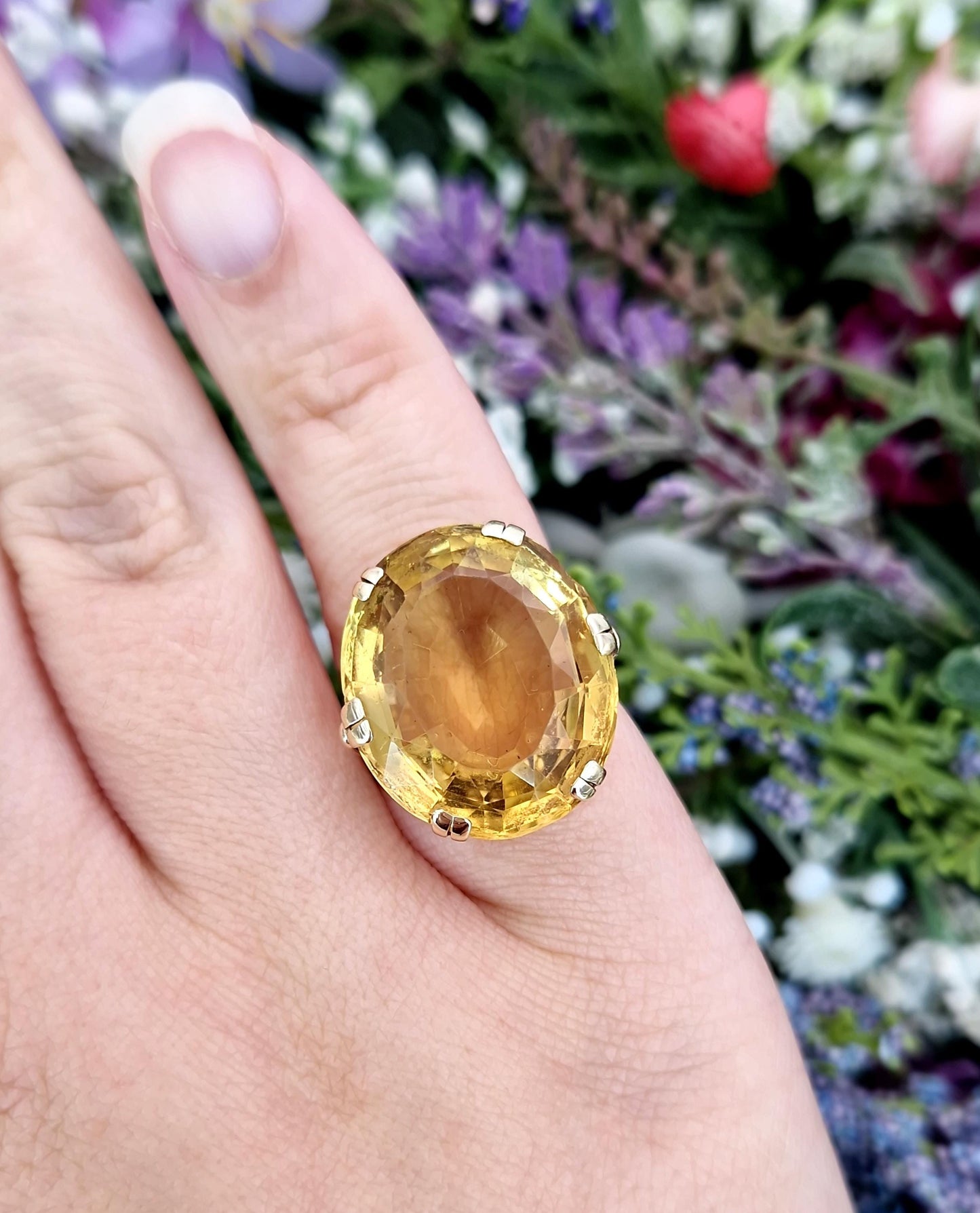 Vintage 9ct Yellow Gold Huge 15ct Citrine Gemstone Statement Solitaire Ring / Size K or 5.5