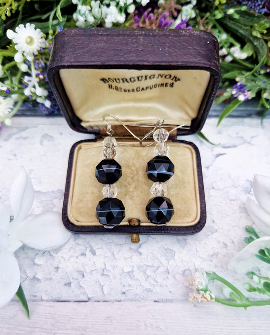 Antique Art Deco Sterling Silver Faceted Black Banded Agate and Glass Bead Hook Drop Earrings