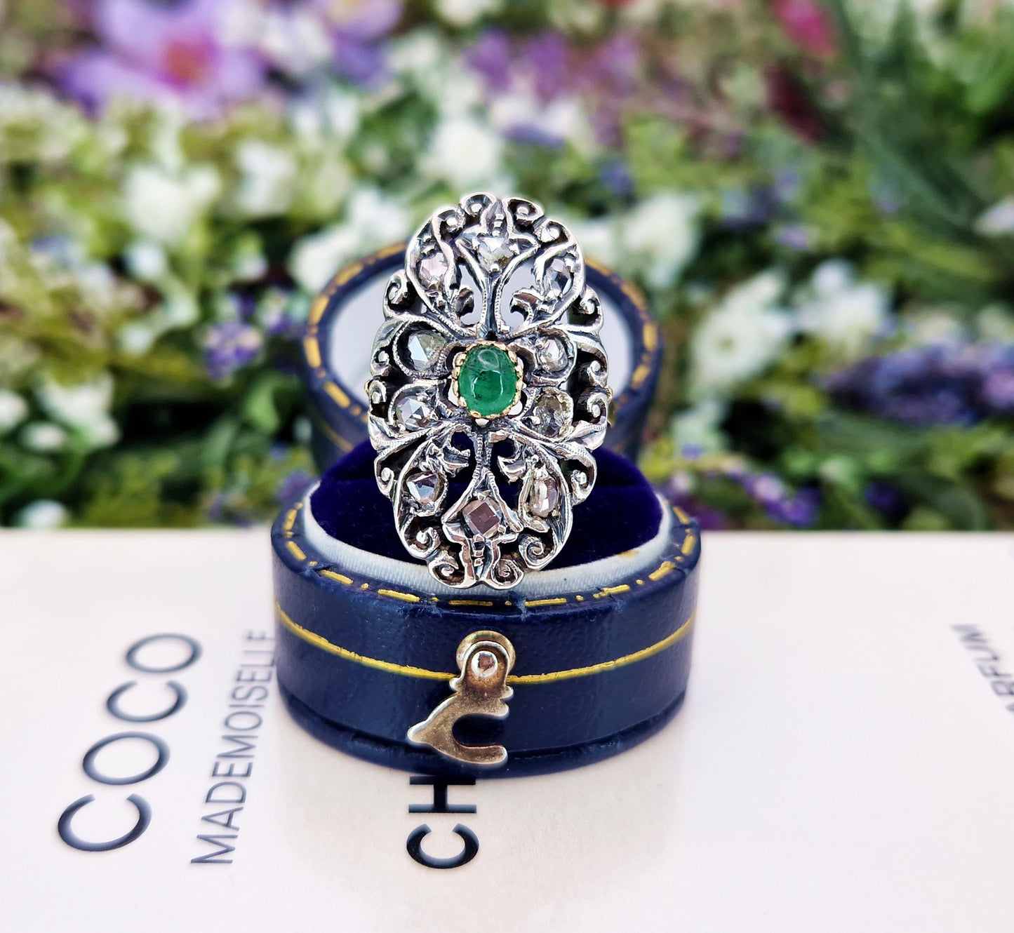 Antique Art Nouveau 18ct Gold Emerald and Rose Cut Diamond Statement Cluster Ring / Size N 1/2 or 7.25