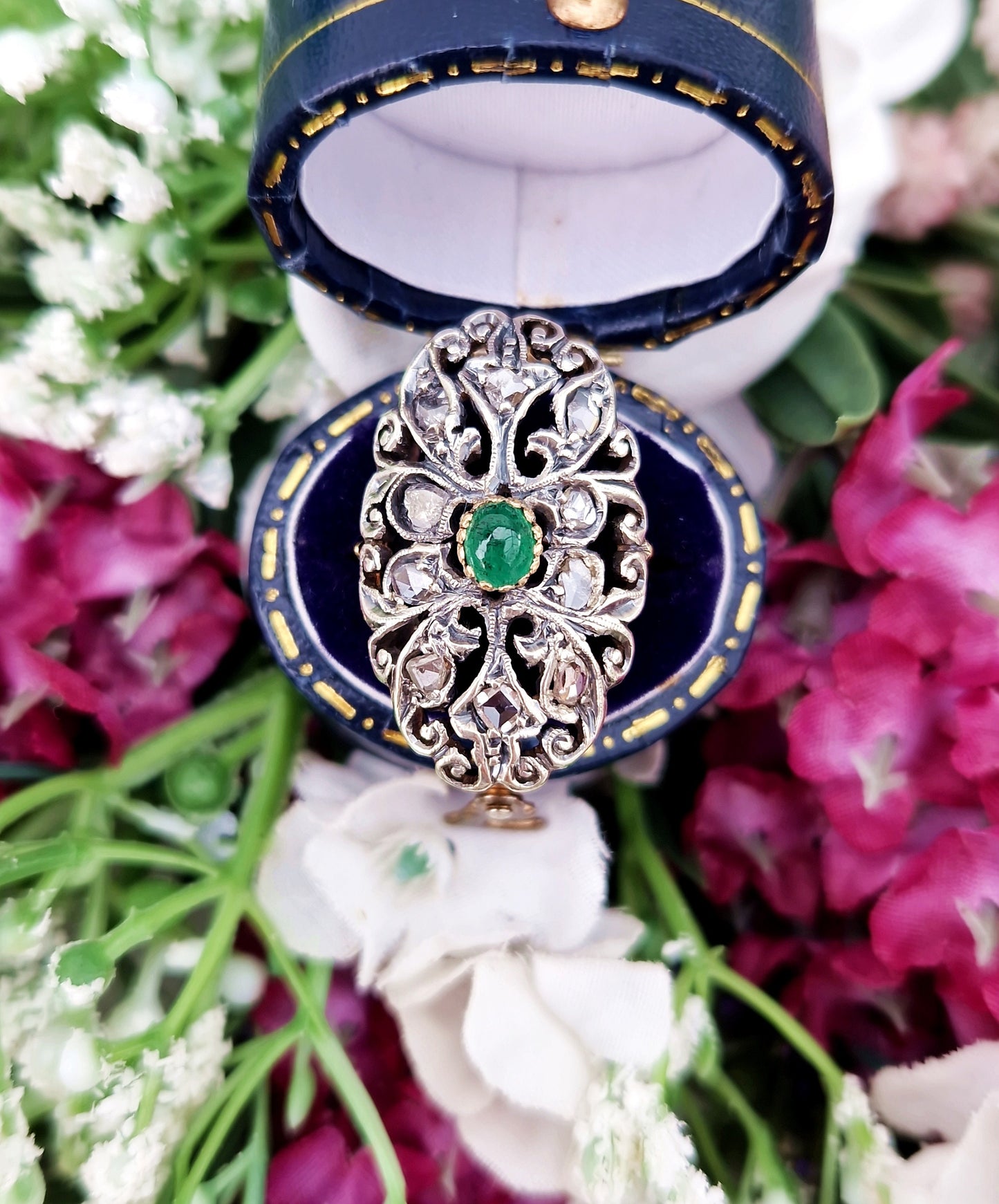 Antique Art Nouveau 18ct Gold Emerald and Rose Cut Diamond Statement Cluster Ring / Size N 1/2 or 7.25