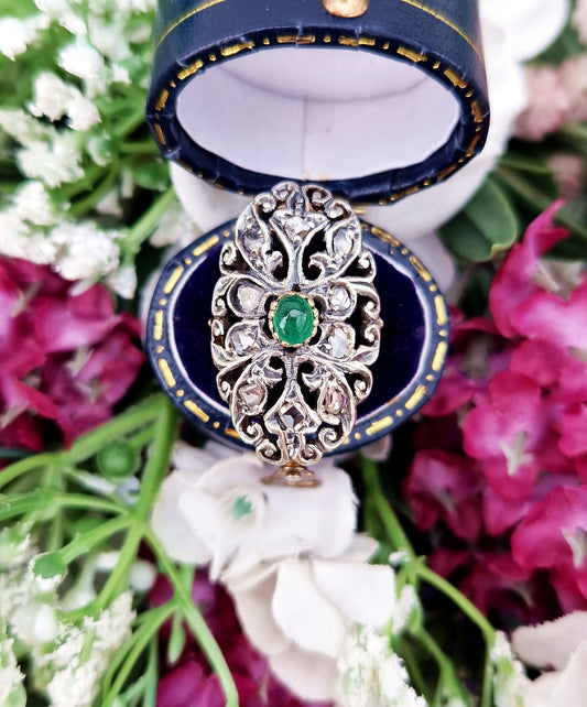 Antique Art Nouveau 18ct Gold Emerald and Rose Cut Diamond Statement Cluster Ring / Size N 1/2 or 7.25