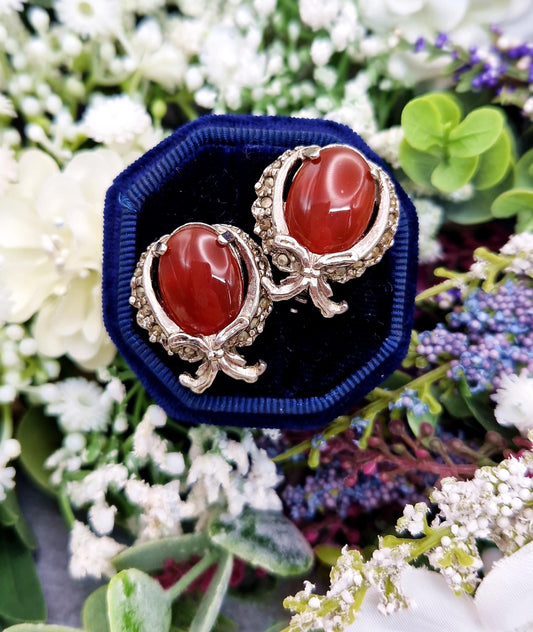 Vintage Silver Tone Faux Carnelian and Marcasite Ribbon Wreath Statement Clip On Earrings