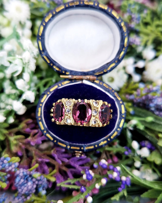 Vintage Gold on Sterling Silver Purple Stone Trilogy Ring / Size K 1/2 or 5.75