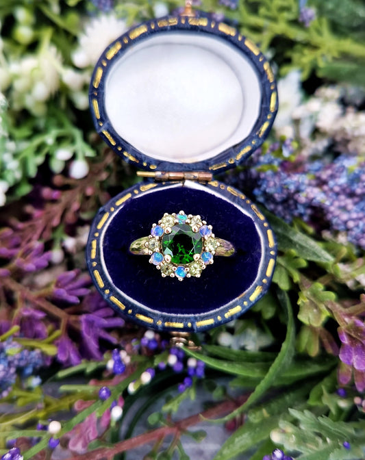 Vintage 9ct Yellow Gold Green Chrome Diopside Peridot & Opal Cluster Ring / Size L or 6