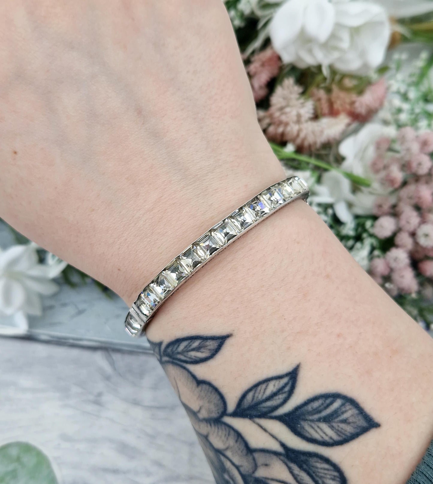 Vintage Art Deco Sterling Silver Sparkling White Glass Tennis Bangle Bracelet