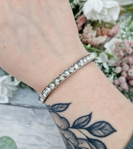 Vintage Art Deco Sterling Silver Sparkling White Glass Tennis Bangle Bracelet