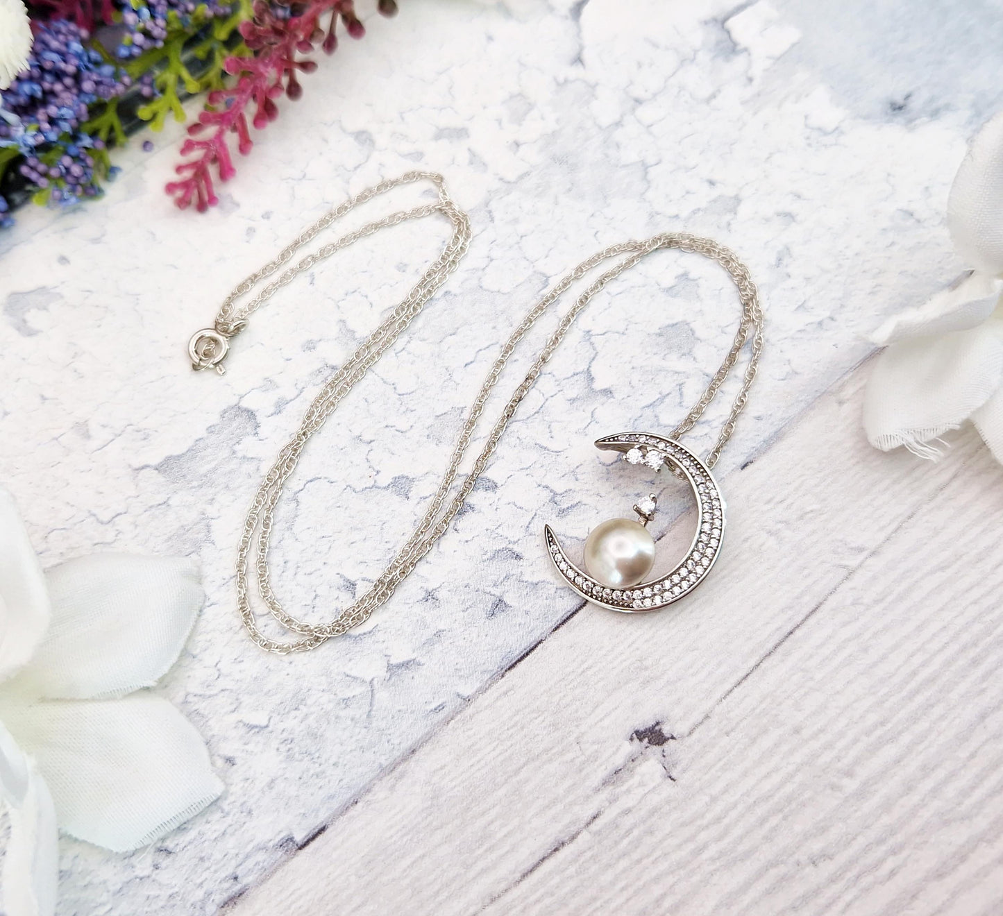 Vintage Sterling Silver Pearl and Crystal Crescent Moon Pendant Necklace