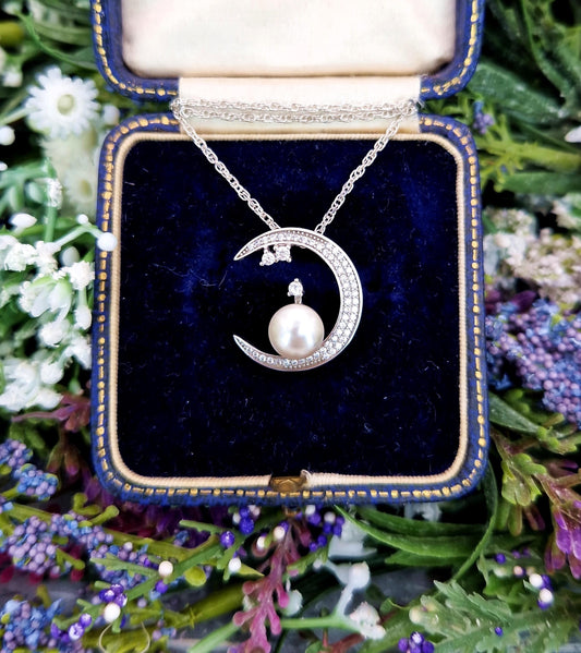 Vintage Sterling Silver Pearl and Crystal Crescent Moon Pendant Necklace