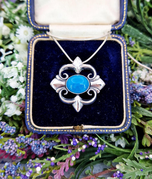 Vintage Sterling Silver Chunky Ornate Cross Pendant Necklace with Truquoise Cabochon