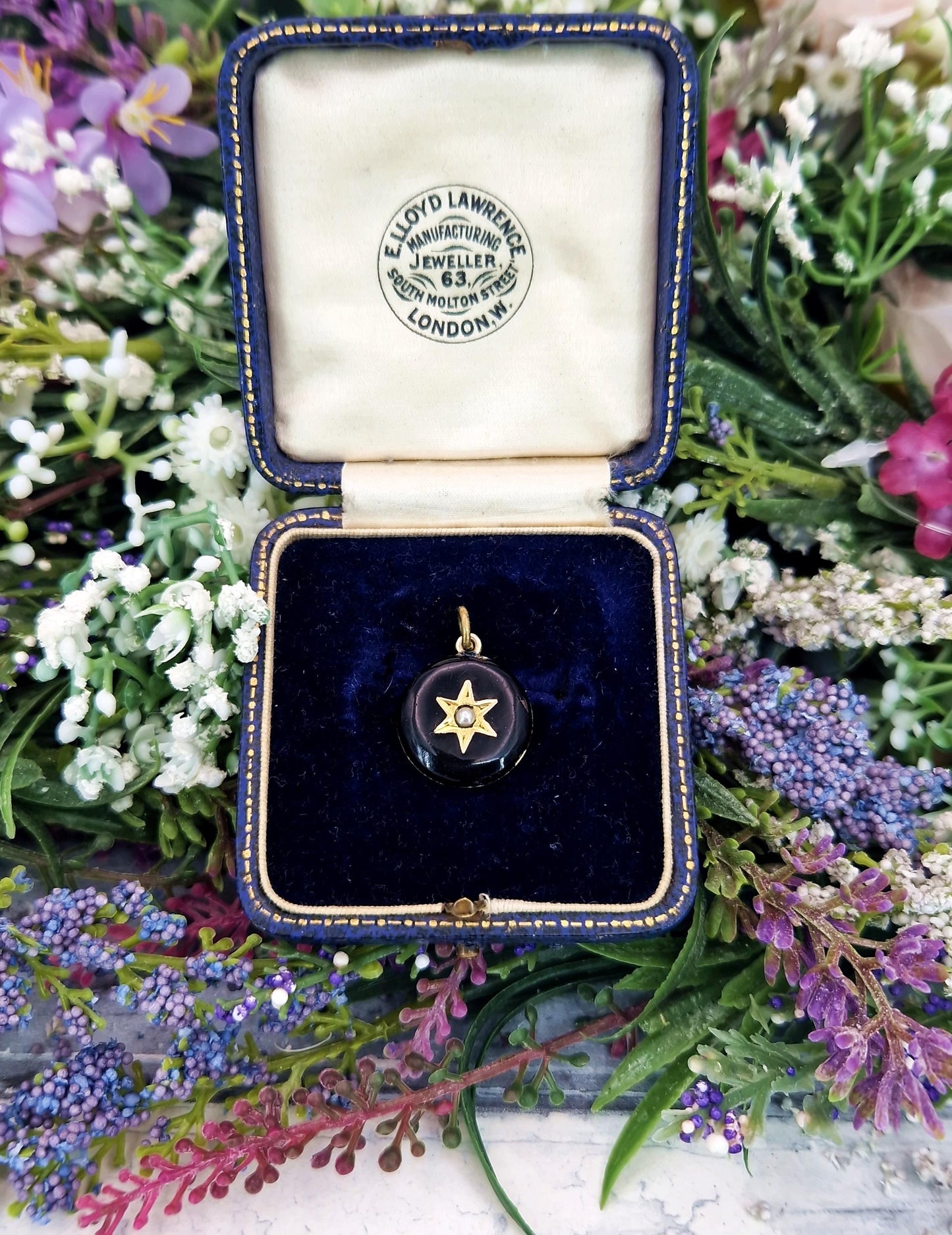 Antique Victorian 9ct Yellow Gold Black Enamel & White Pearl Star Pendant