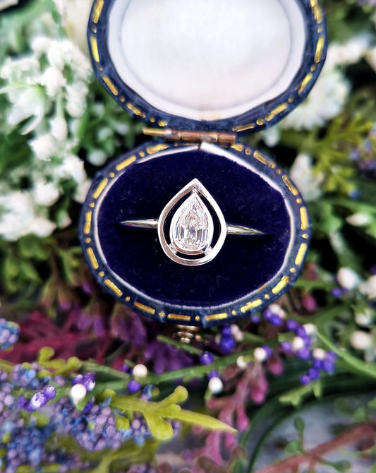 One of a Kind Art Deco Style 18ct White Gold Teardrop Diamond Target Solitaire Engagement Ring / Size Q or 8.5