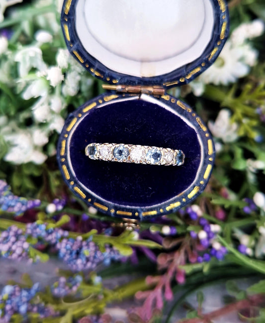 Vintage 1995 9ct Gold Aquamarine and Diamond Gemsotne Band Ring / Size M or 6.5
