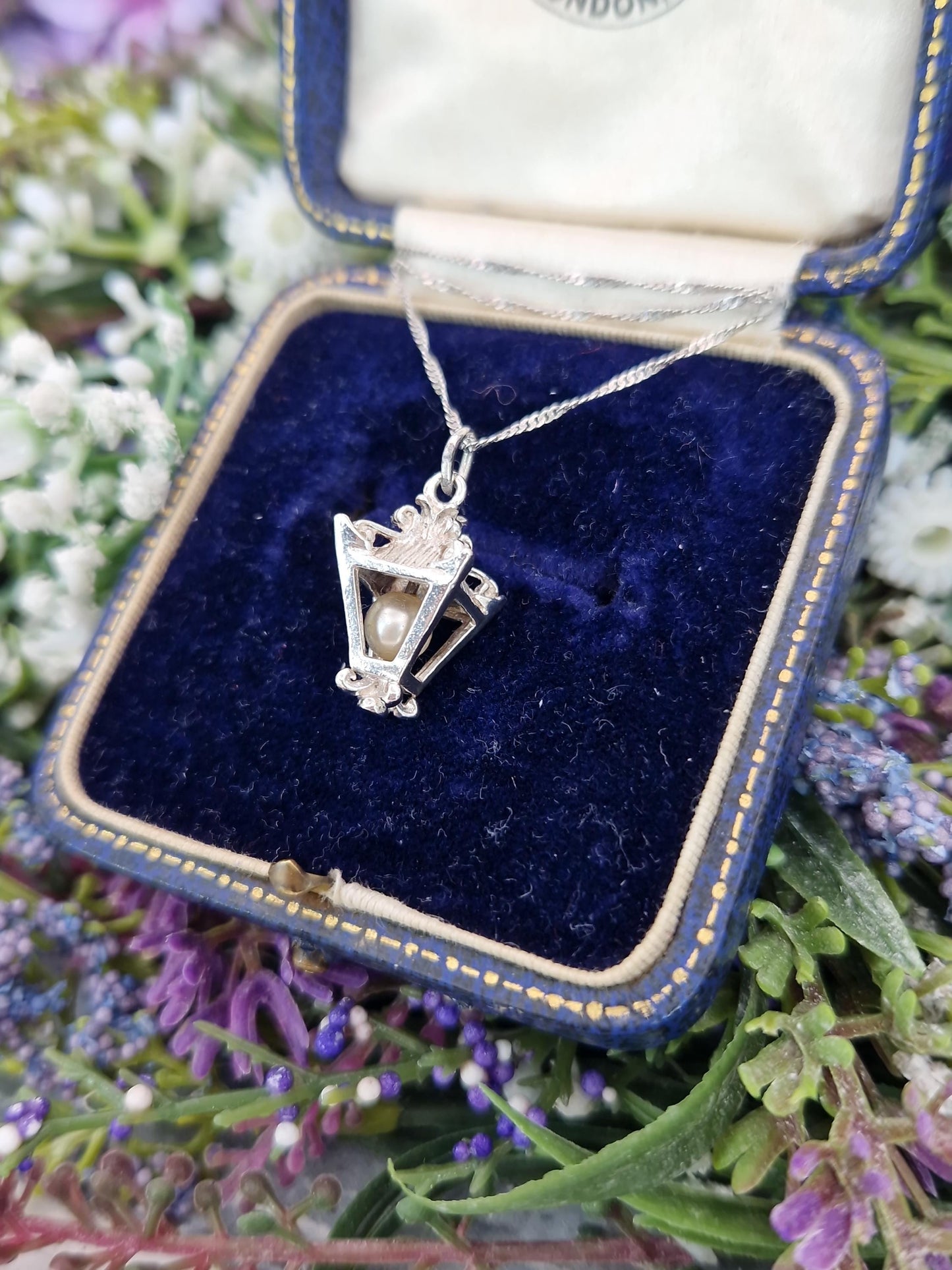 Vintage Sterling Silver Miniature Orante Pearl Lantern Charm Necklace