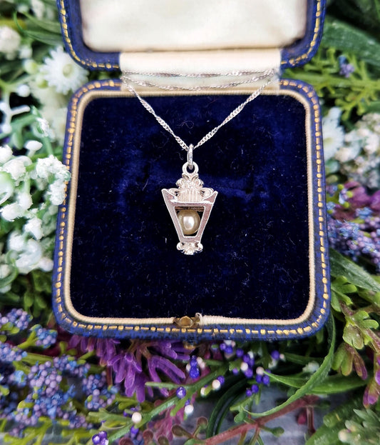Vintage Sterling Silver Miniature Orante Pearl Lantern Charm Necklace
