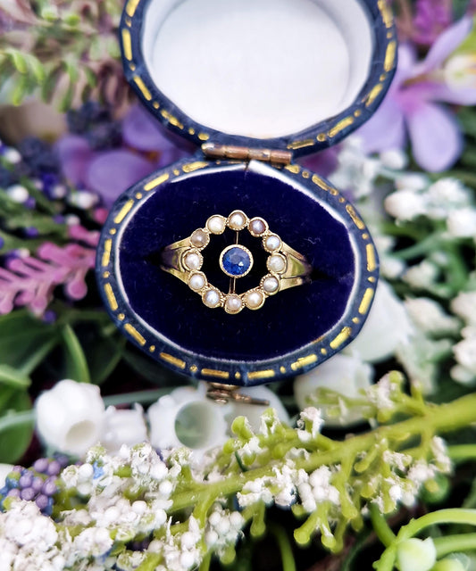 Antique Art Deco 15ct Gold Sapphire and Pearl Target Cluster Ring / Size L 1/2 or 6.25