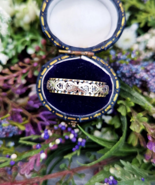Vintage 9ct Yellow Gold and Silver Two Tone Spinel Eternity Wedding Band Ring / Size R or 9