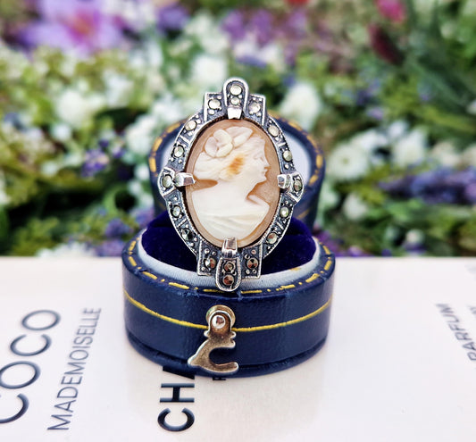 Vintage Art Deco Sterling Silver Large Statement Cameo Lady Ring with Marcasites / Size I or 4.5