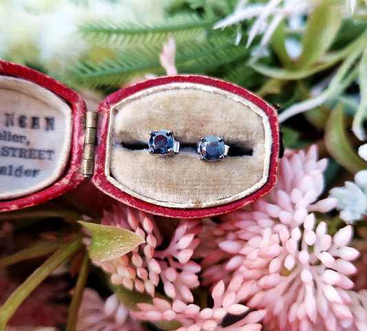 Vintage 9ct White Gold Fancy Blue Diamond Solitaire Stud Earrings 4mm 0.50cts