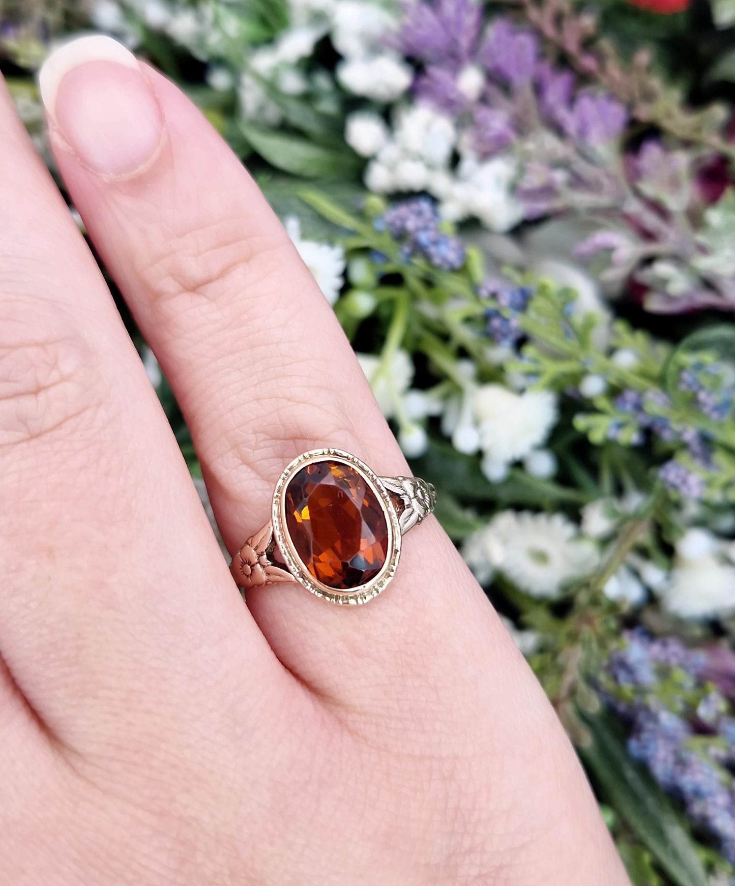 Antique Art Nouveau 9ct Yellow Gold Ornate Engraved Floral Madeira Citrine Solitaire Ring / Size O 1/2 or 7.75