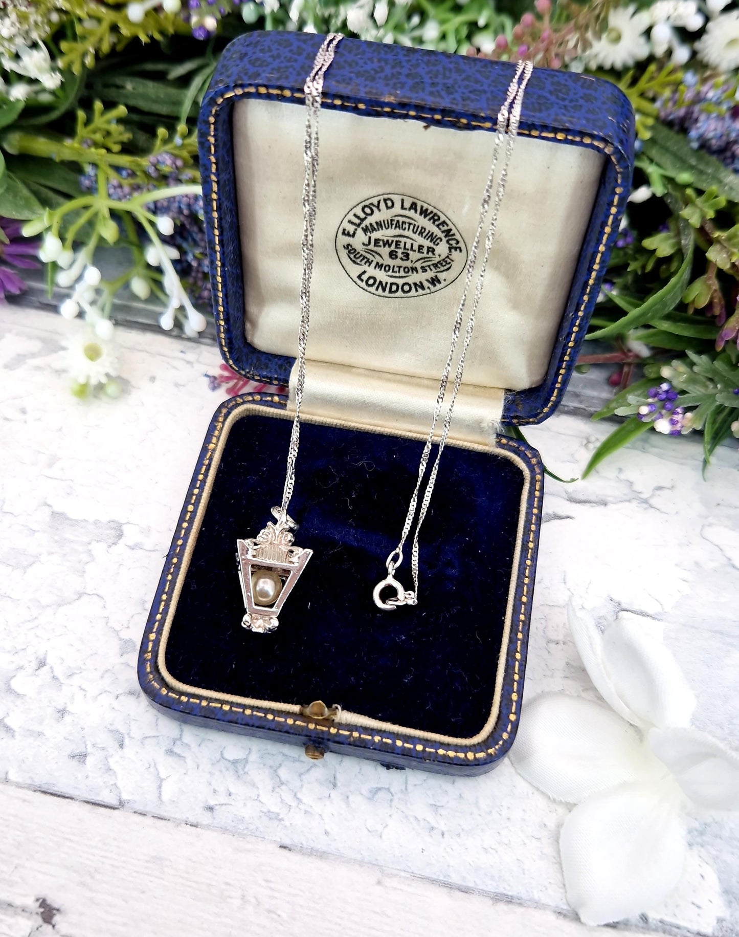 Vintage Sterling Silver Miniature Orante Pearl Lantern Charm Necklace