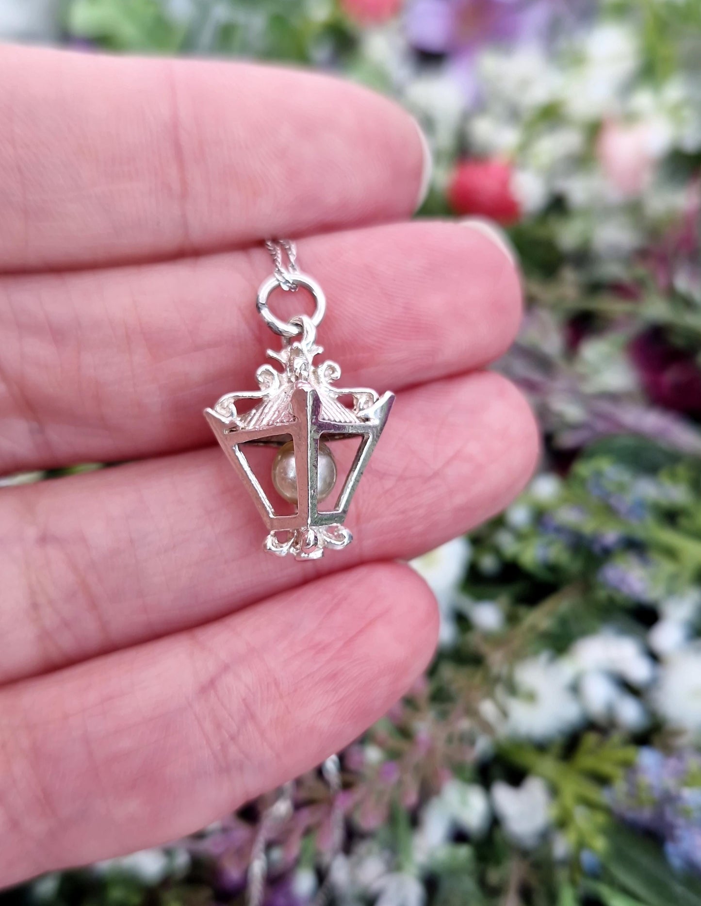 Vintage Sterling Silver Miniature Orante Pearl Lantern Charm Necklace