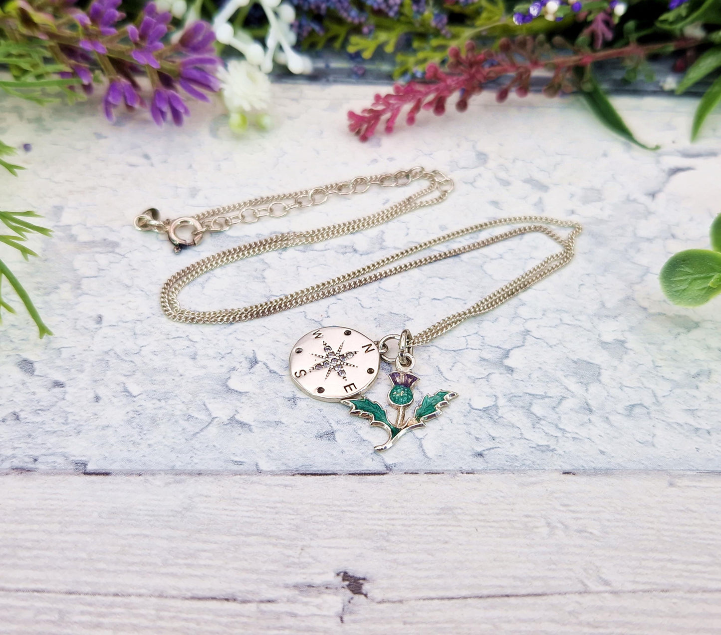 Vintage Sterling Silver 'All Roads Lead to Scotland' Compass and Thistle Charm Necklace