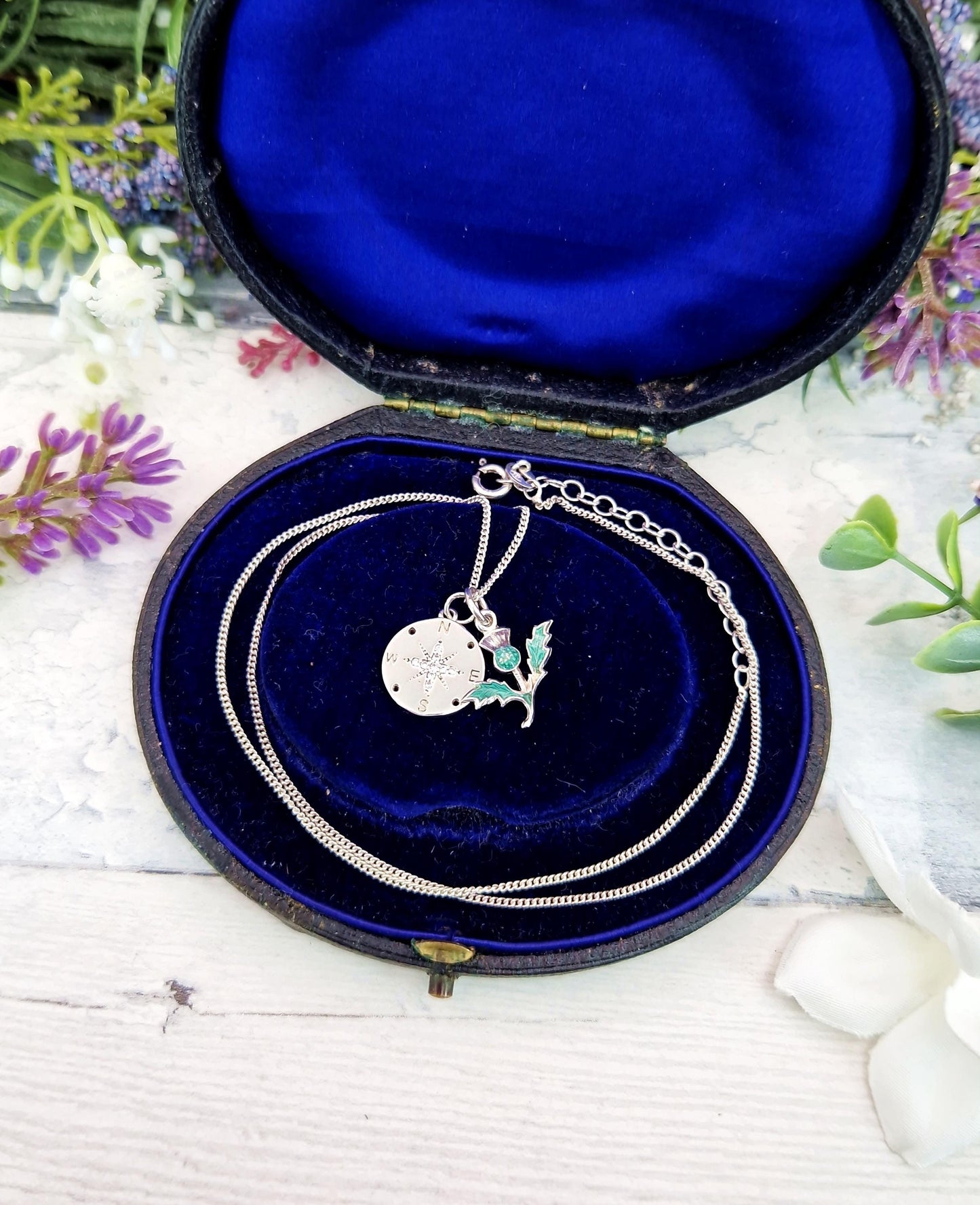 Vintage Sterling Silver 'All Roads Lead to Scotland' Compass and Thistle Charm Necklace