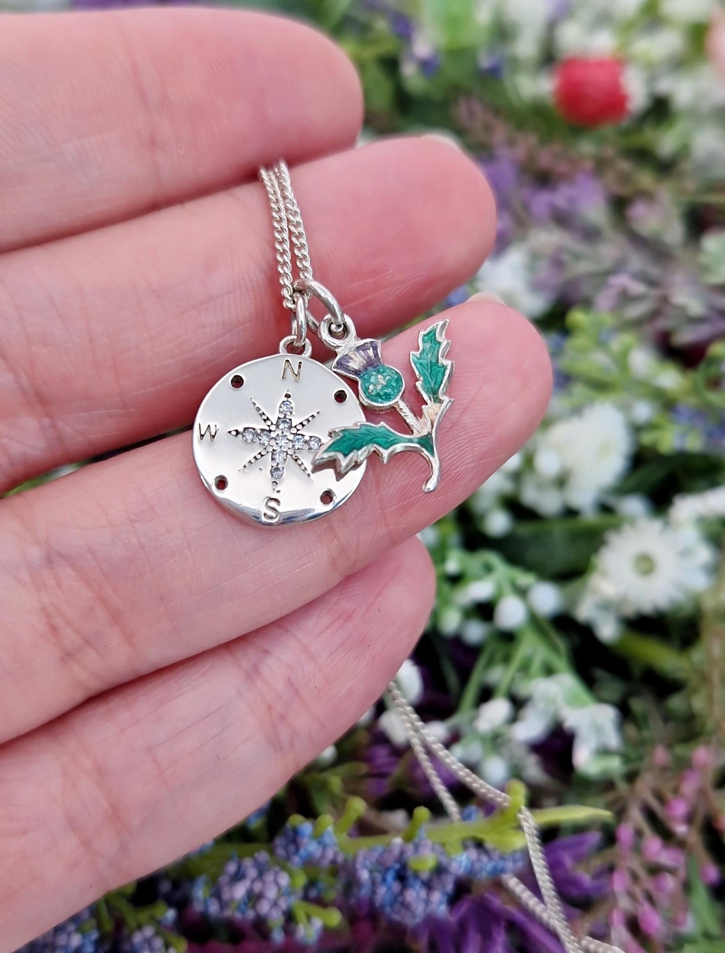 Vintage Sterling Silver 'All Roads Lead to Scotland' Compass and Thistle Charm Necklace