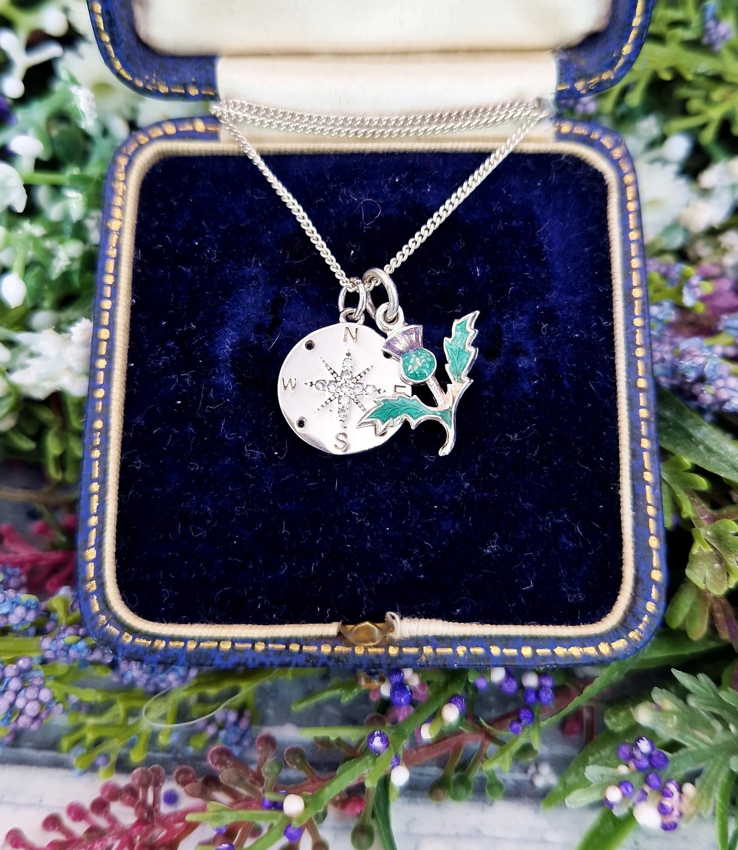 Vintage Sterling Silver 'All Roads Lead to Scotland' Compass and Thistle Charm Necklace
