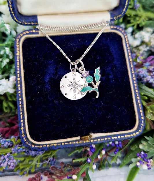 Vintage Sterling Silver 'All Roads Lead to Scotland' Compass and Thistle Charm Necklace