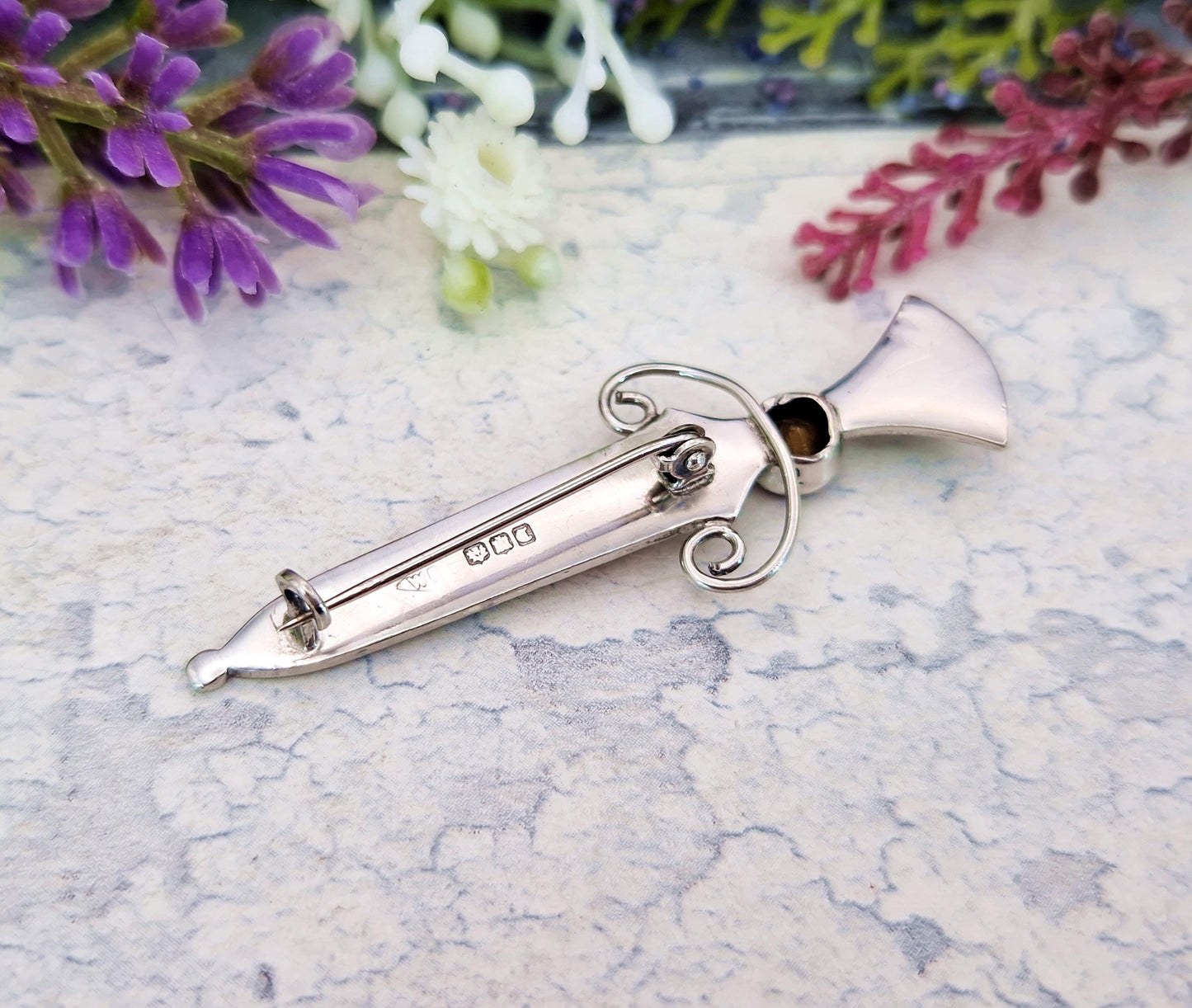 Vintage 1958 Sterling Silver Scottish Thistle Brooch with Agates / Edinburgh Hallmark