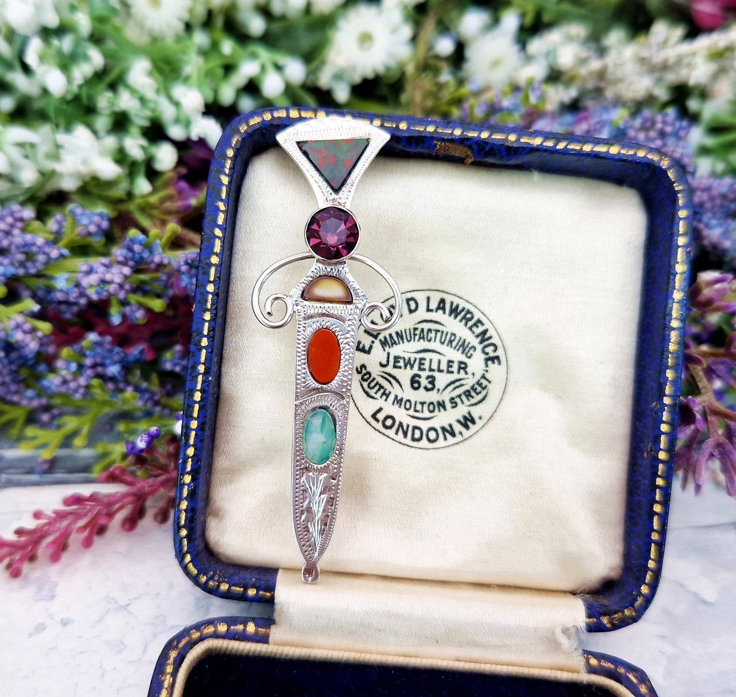 Vintage 1958 Sterling Silver Scottish Thistle Brooch with Agates / Edinburgh Hallmark