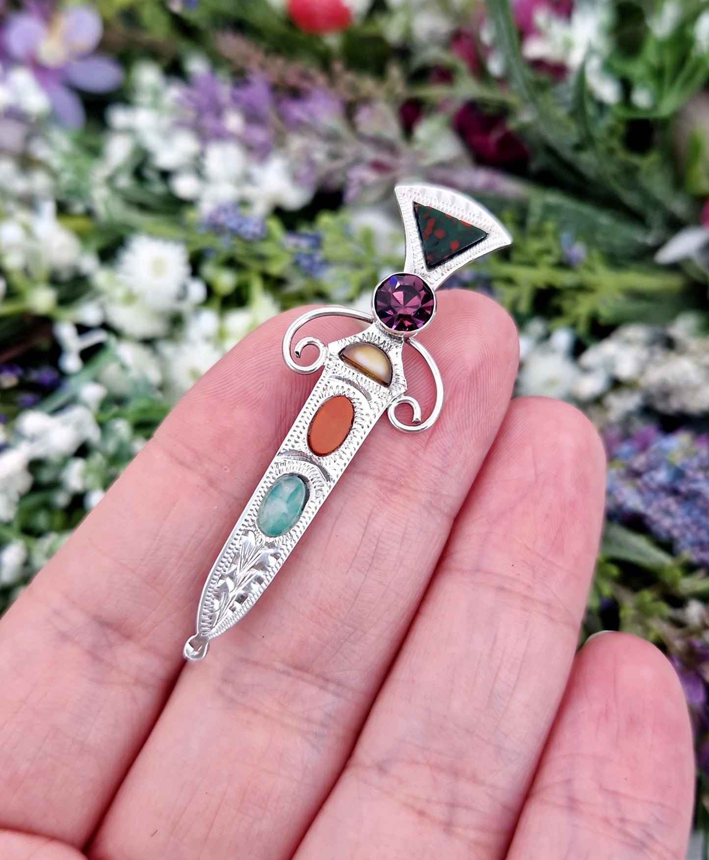 Vintage 1958 Sterling Silver Scottish Thistle Brooch with Agates / Edinburgh Hallmark