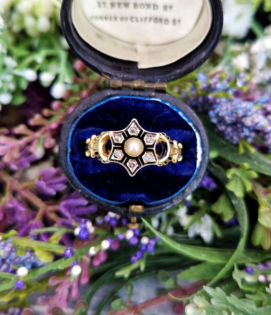 Antique 1867 Victorian 18ct Yellow Gold and Black Enamel Diamond Star Ring / Size R or 9