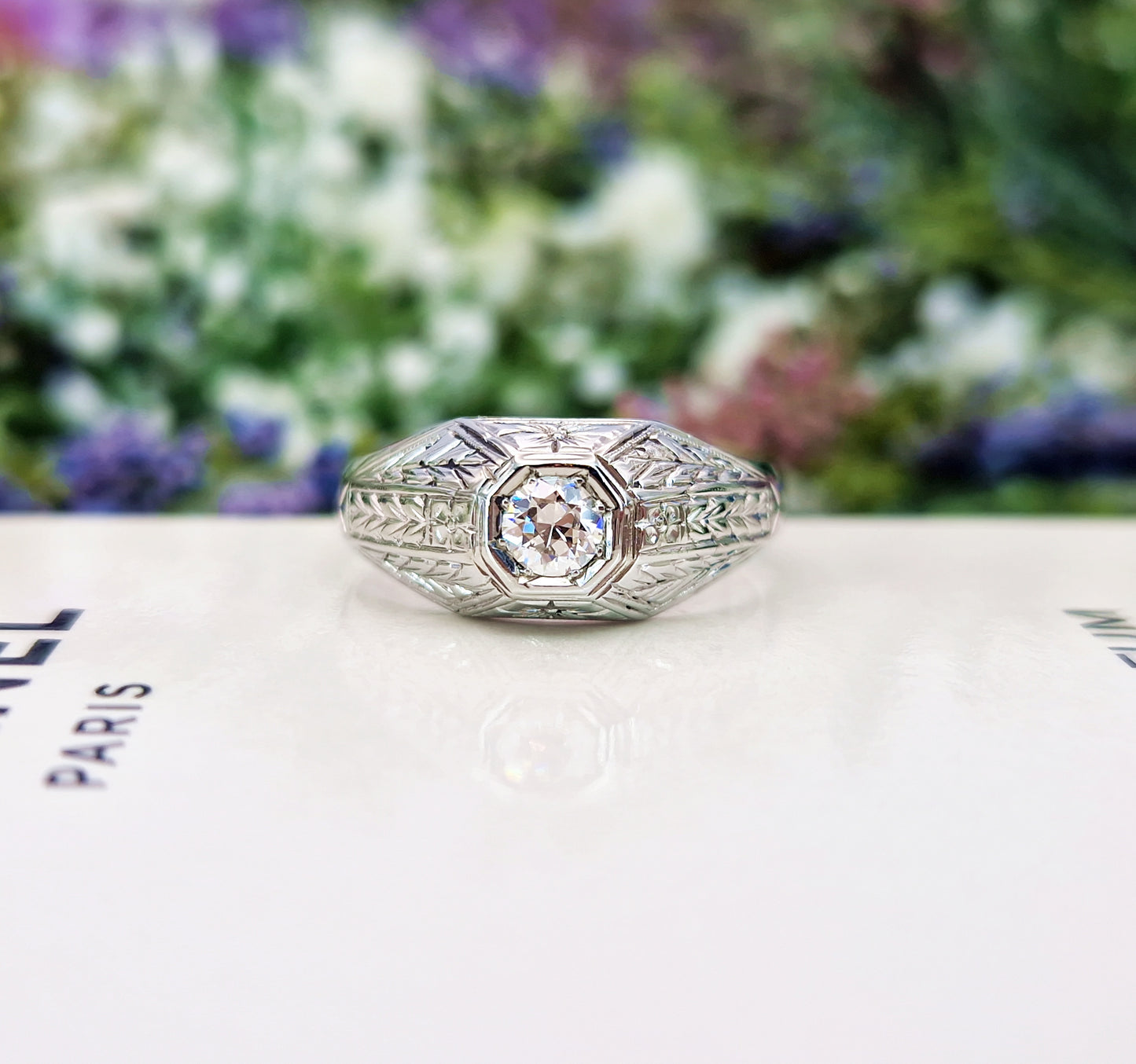 Antique Art Deco 18ct White Gold Floral Ornate Engraved Old European Cut Diamond 0.28ct Solitaire Engagement Ring / Size S or 9.5