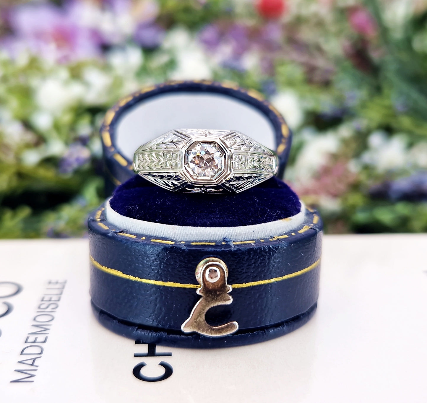 Antique Art Deco 18ct White Gold Floral Ornate Engraved Old European Cut Diamond 0.28ct Solitaire Engagement Ring / Size S or 9.5