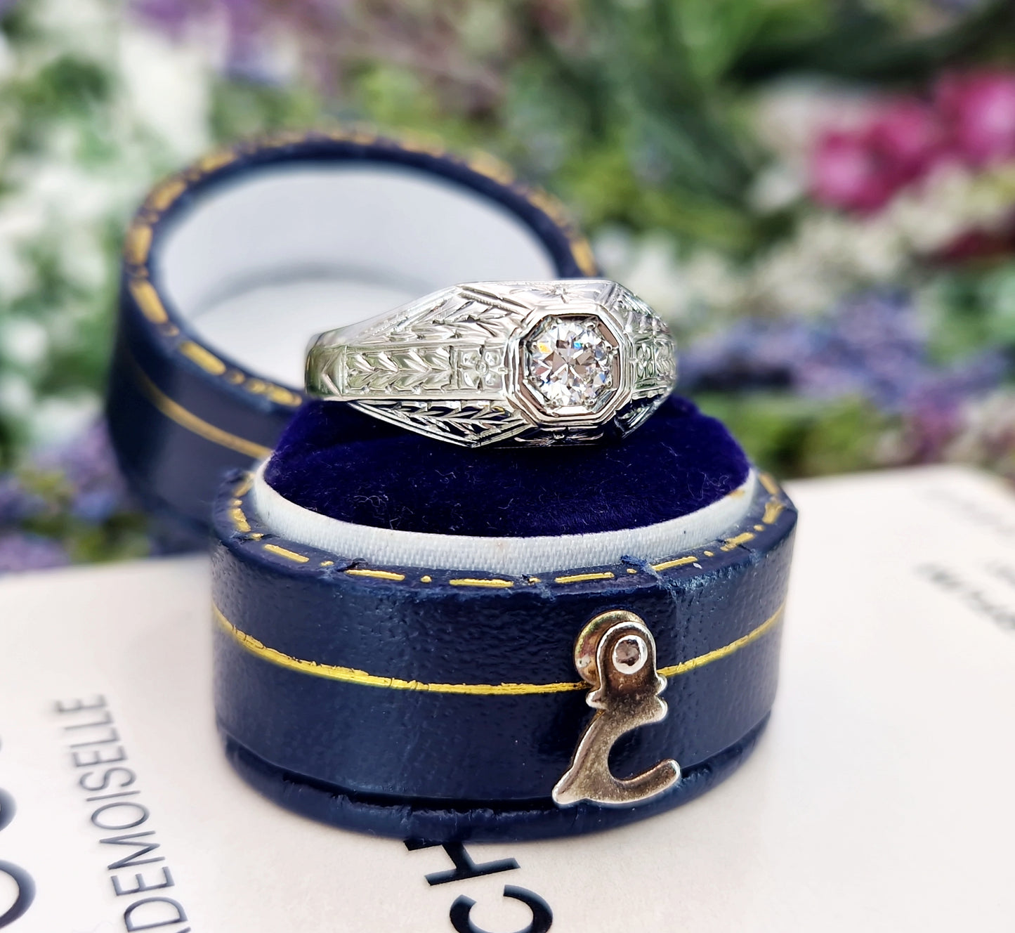 Antique Art Deco 18ct White Gold Floral Ornate Engraved Old European Cut Diamond 0.28ct Solitaire Engagement Ring / Size S or 9.5